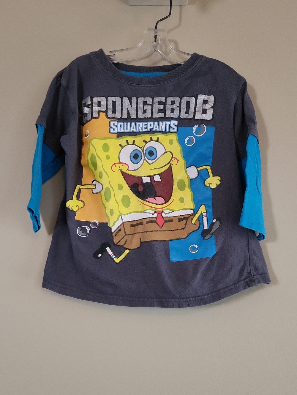 SpongeBob Squarepants grey long sleeve tee shirt with blue sleeves